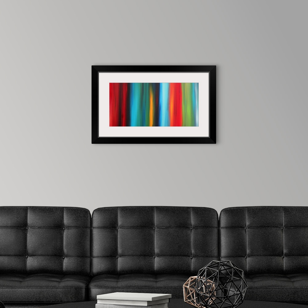 A modern room featuring Contemporary abstract image of blurred vertical multicolored stripes of color