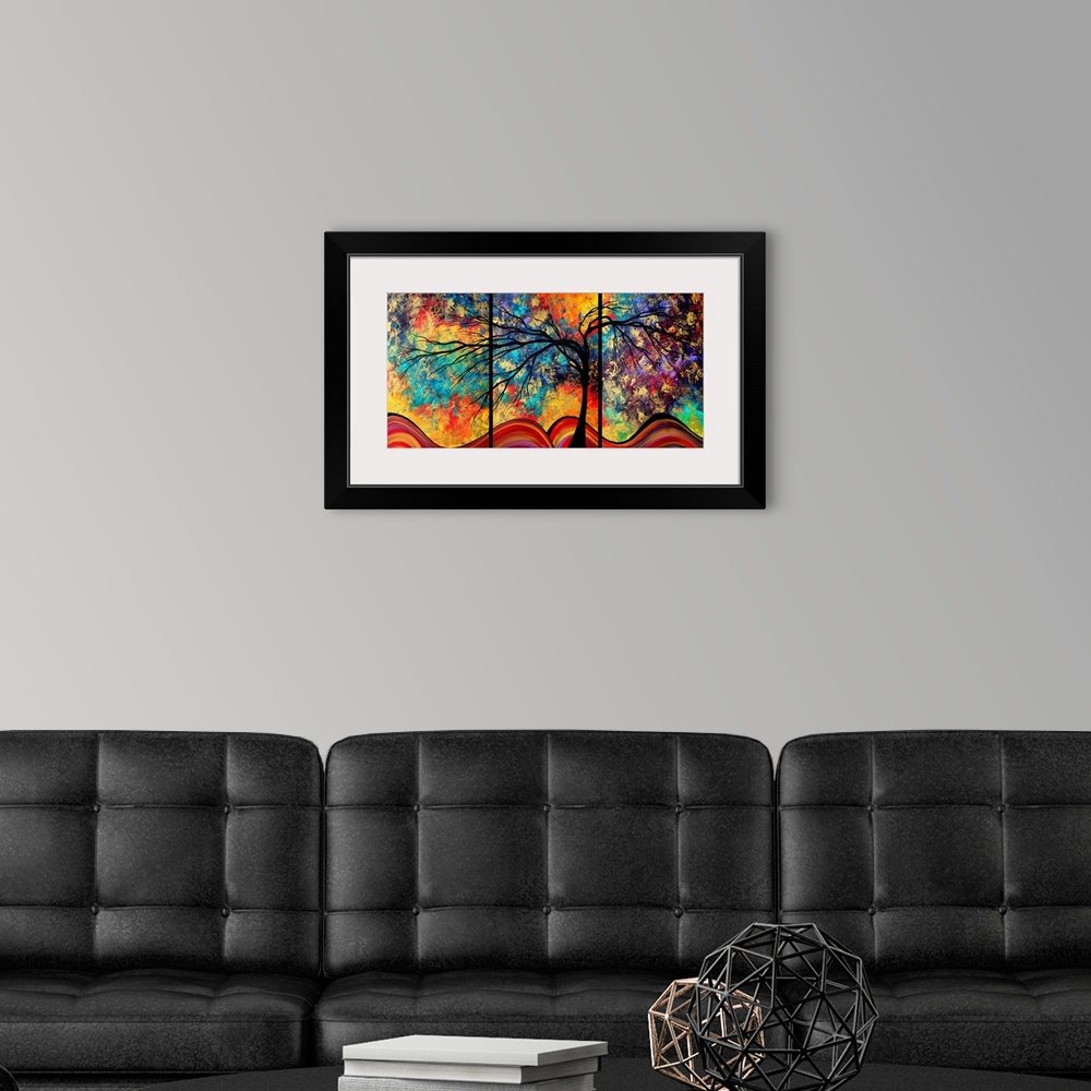A modern room featuring An abstract tree in front of a surreal, other worldly sky in this horizontal art work perfect for...