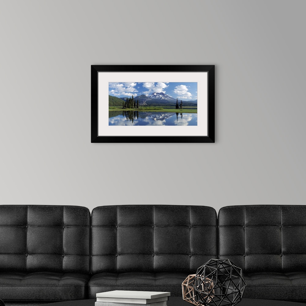 A modern room featuring Panoramic photograph of lake front meadow with trees and shrubbery.  A forest is in the backgroun...