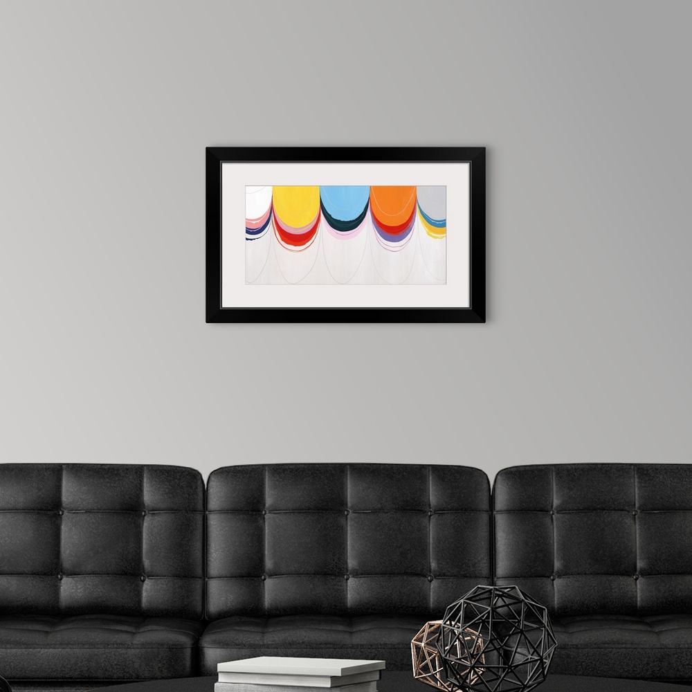 A modern room featuring Abstract painting with a cluster of brightly colored half circles that appear to have been pulled...