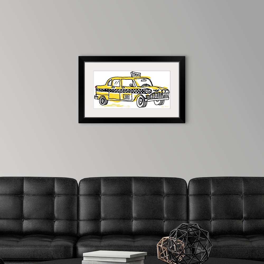 A modern room featuring Pen and ink illustration of a yellow vintage New York taxi cab.