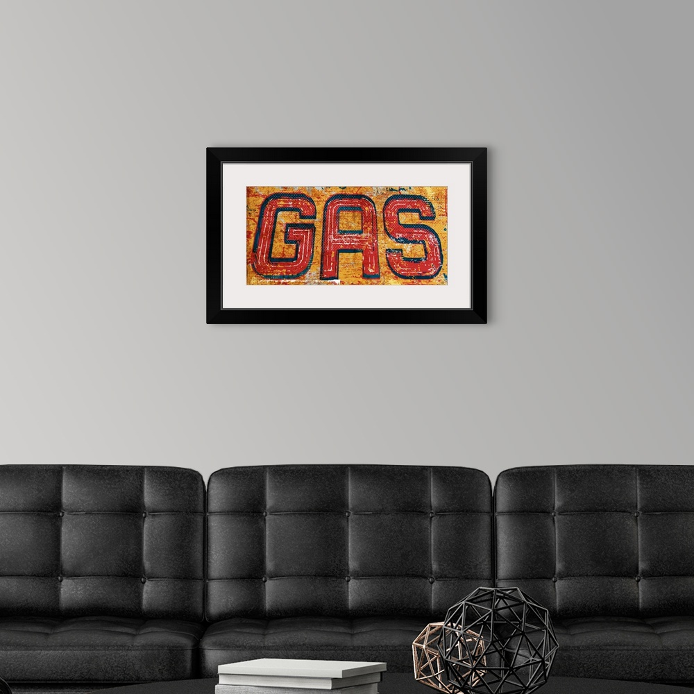 A modern room featuring Graphic rusty wall art of distressed typography with the the word GAS large and in center on a ye...