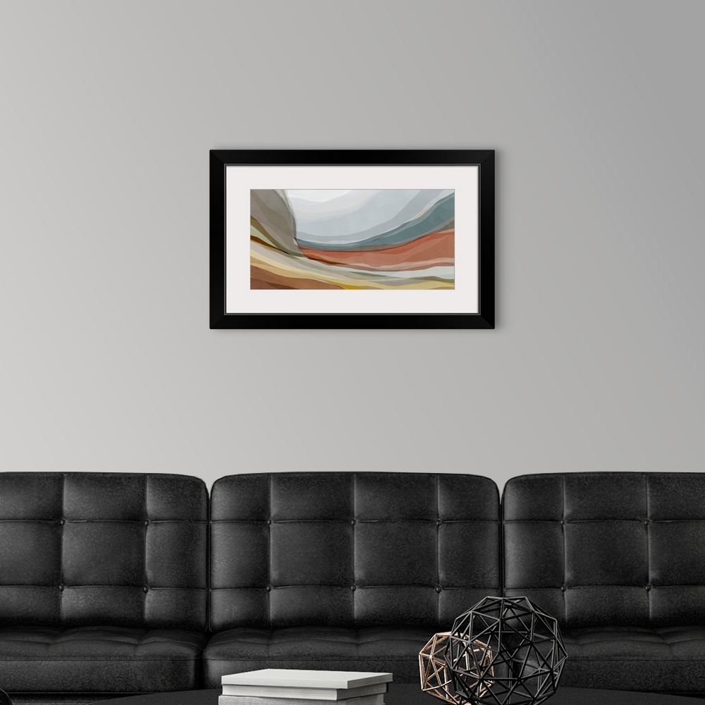 A modern room featuring An organic, contemporary abstract art piece with curving layers of overlapping muted colors that ...