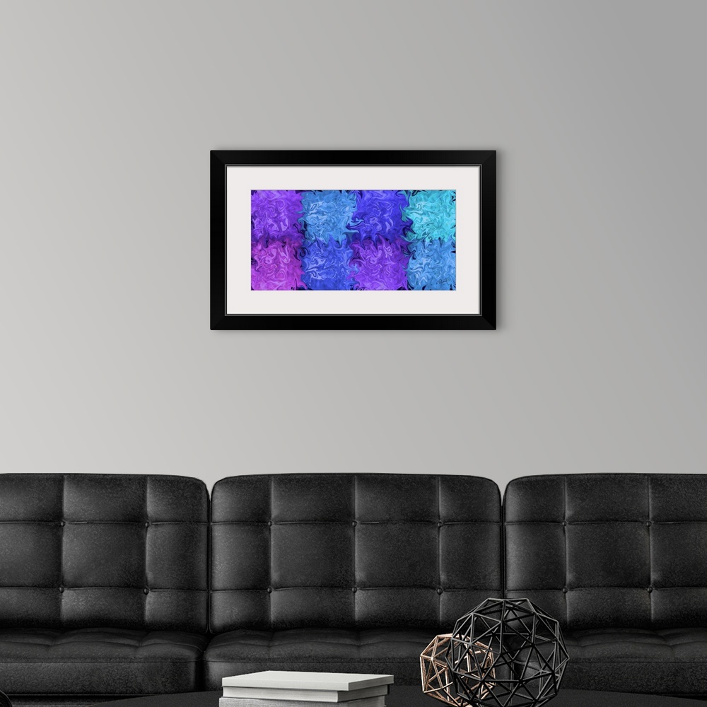 A modern room featuring A horizontal image of multi-colored blurred squared shapes blending together.