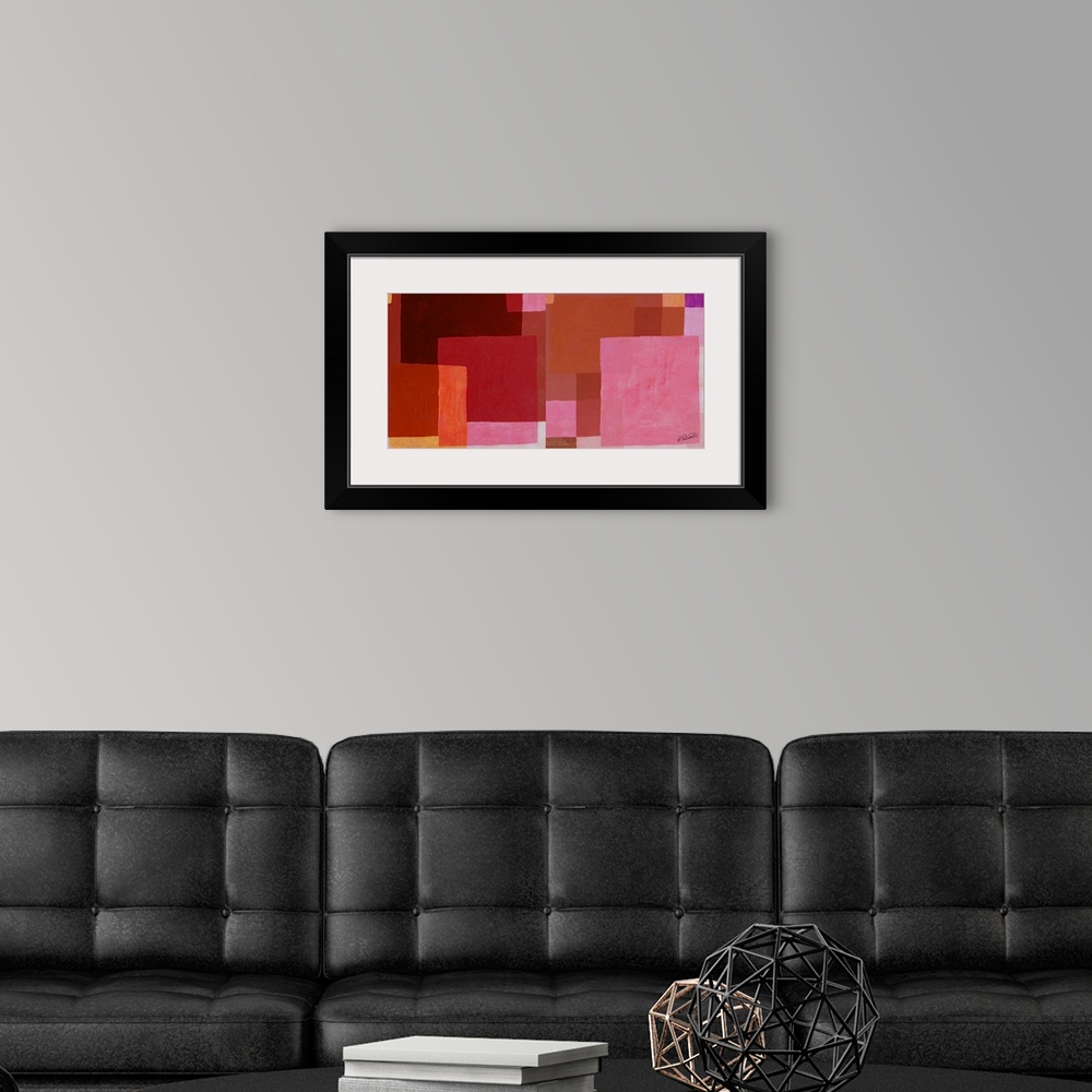 A modern room featuring Abstract painting with layered geometric squares in shades of pink, red, orange, and purple.