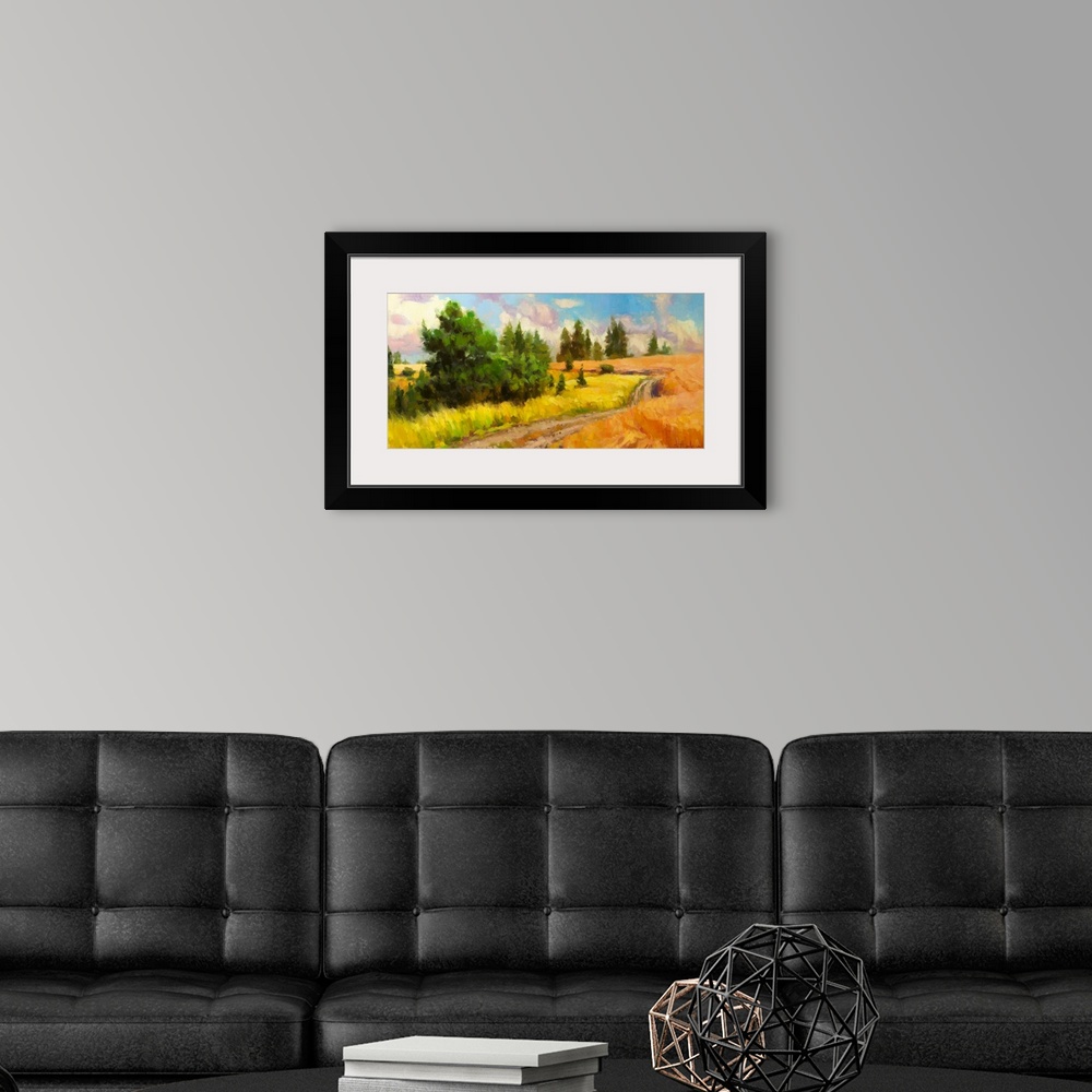 A modern room featuring Traditional impressionist landscape painting of a country dirt road winding through a golden mead...