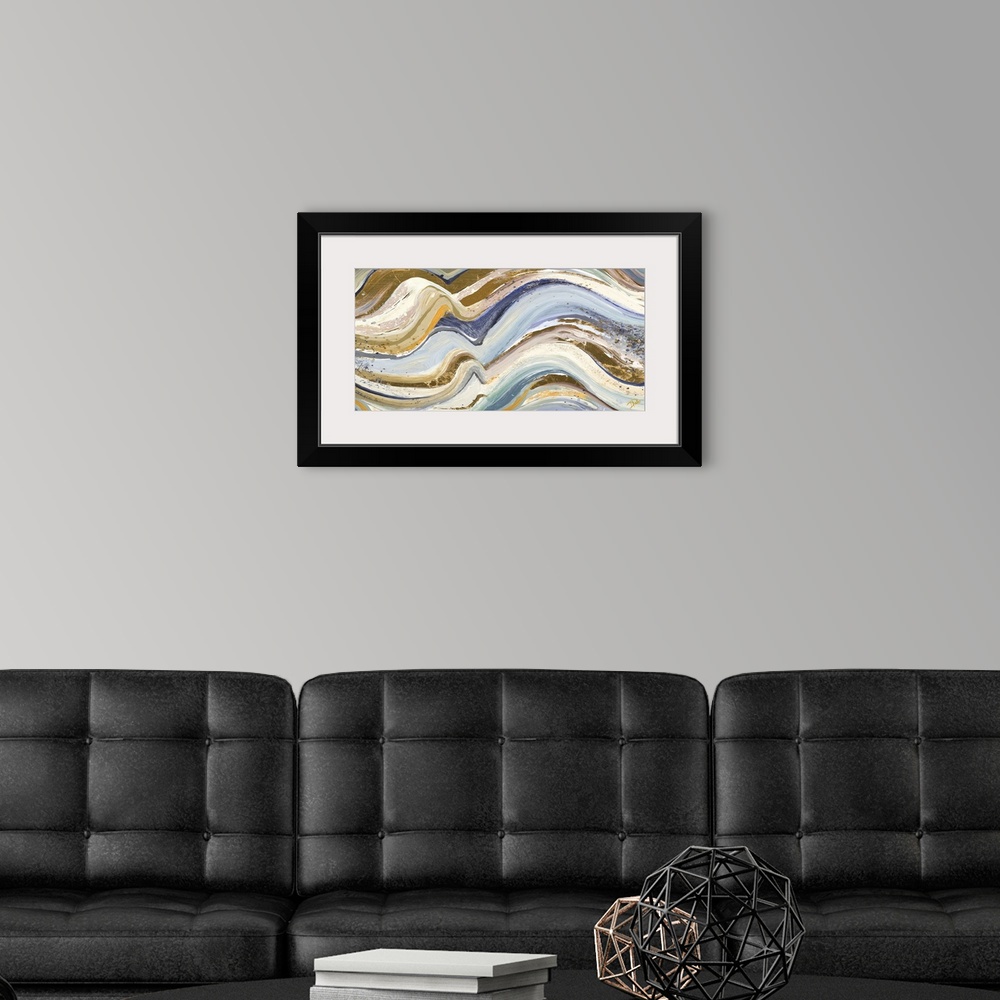 A modern room featuring Contemporary abstract painting with wavy lines piled on top of each other in shades of blue, tan,...
