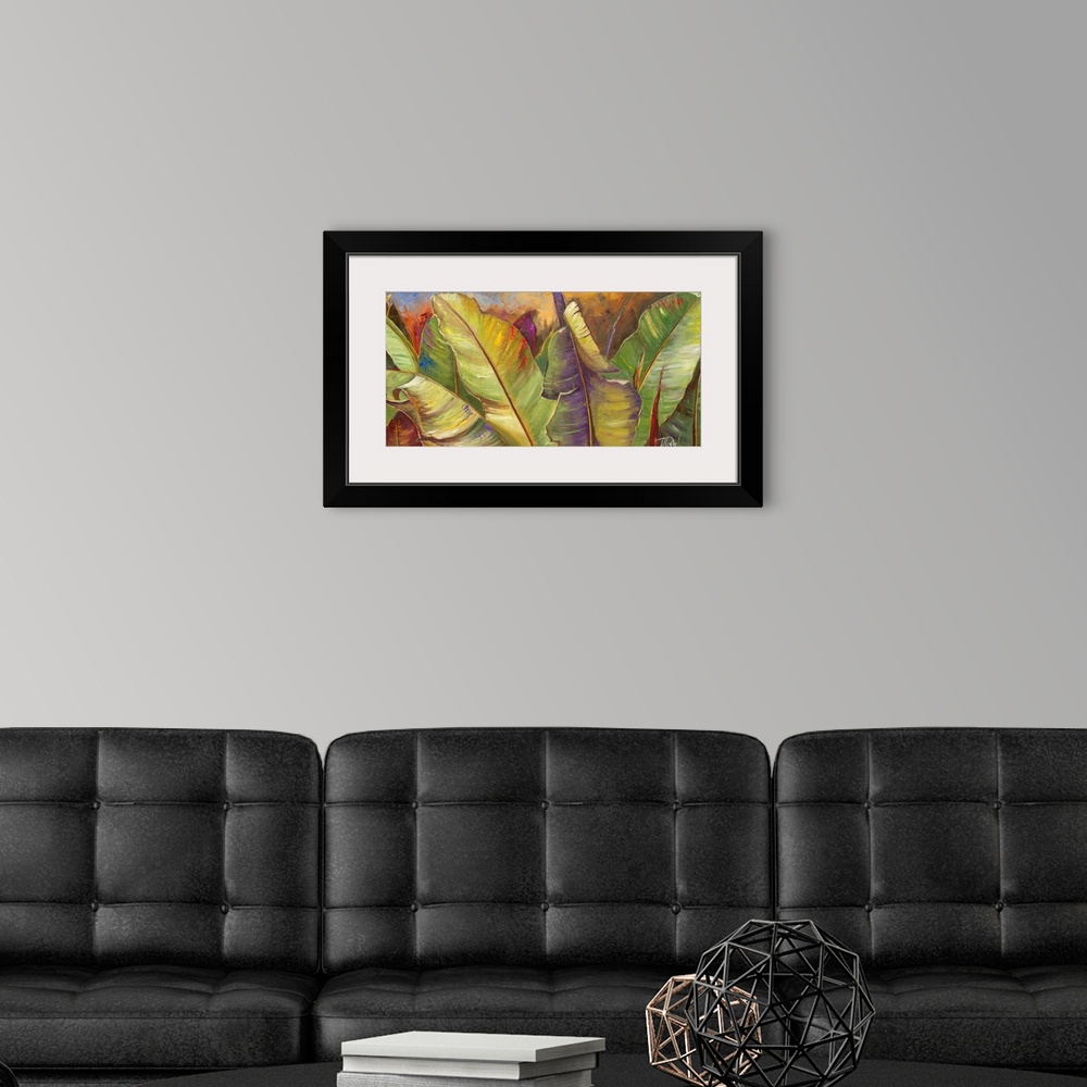 A modern room featuring In this large horizontal wall painting large leaves shoot up from the ground.