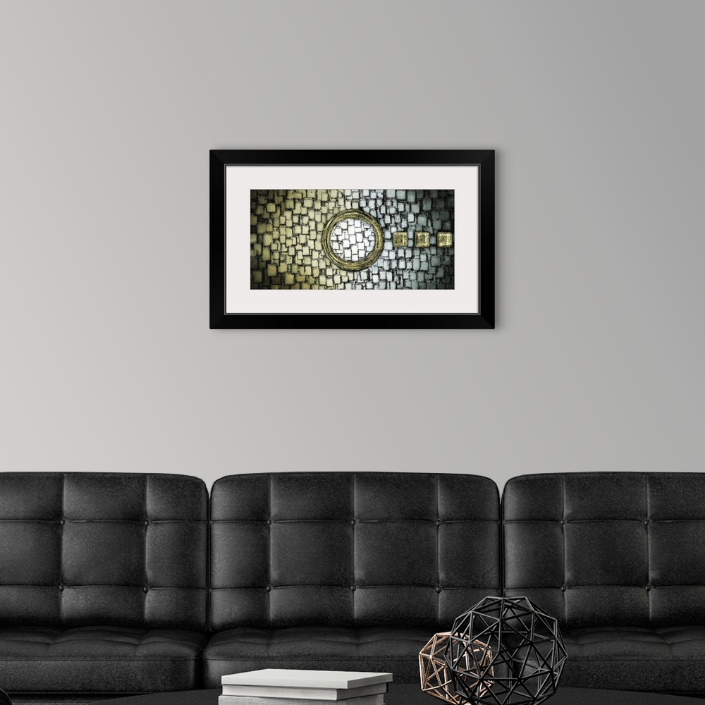 A modern room featuring Large abstract illustration with layered squares on the background and a large circle in the cent...