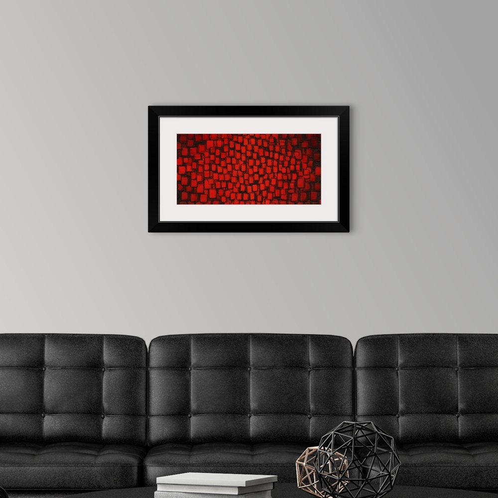 A modern room featuring Large abstract painting with bright red square layered on top of each other with dark black highl...