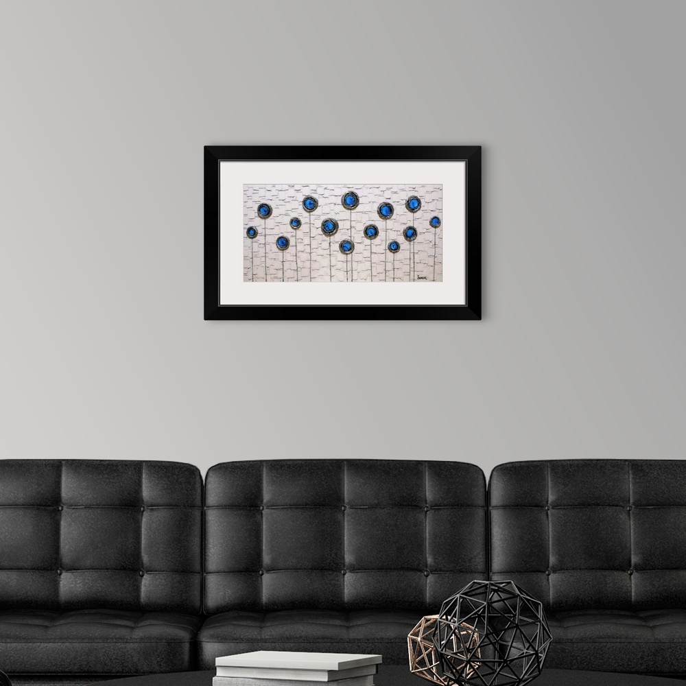 A modern room featuring Large abstract illustration with blue circular shapes and long black stems on a white background ...