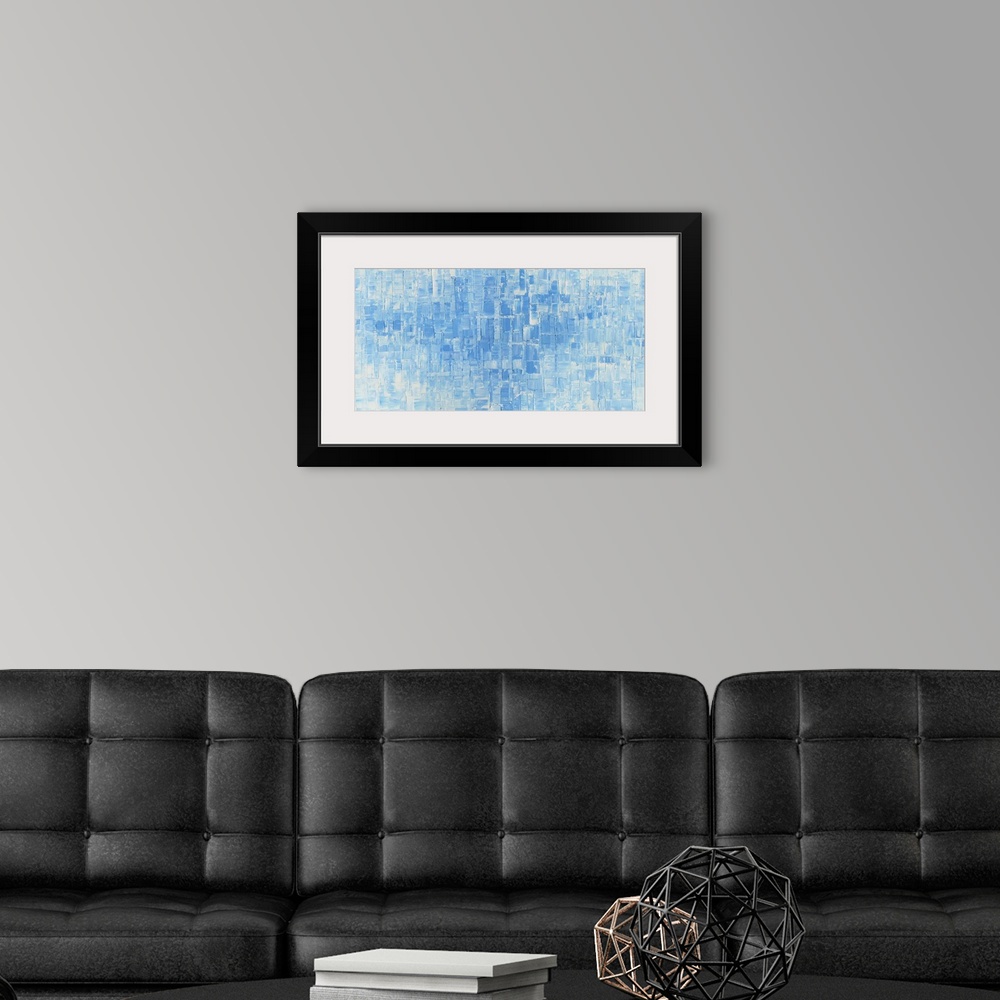 A modern room featuring Large abstract painting with square and rectangular shapes in light blue and white hues.