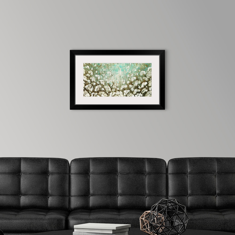 A modern room featuring Large abstract landscape painting with cream colored poppy flowers on a light blue and brown back...
