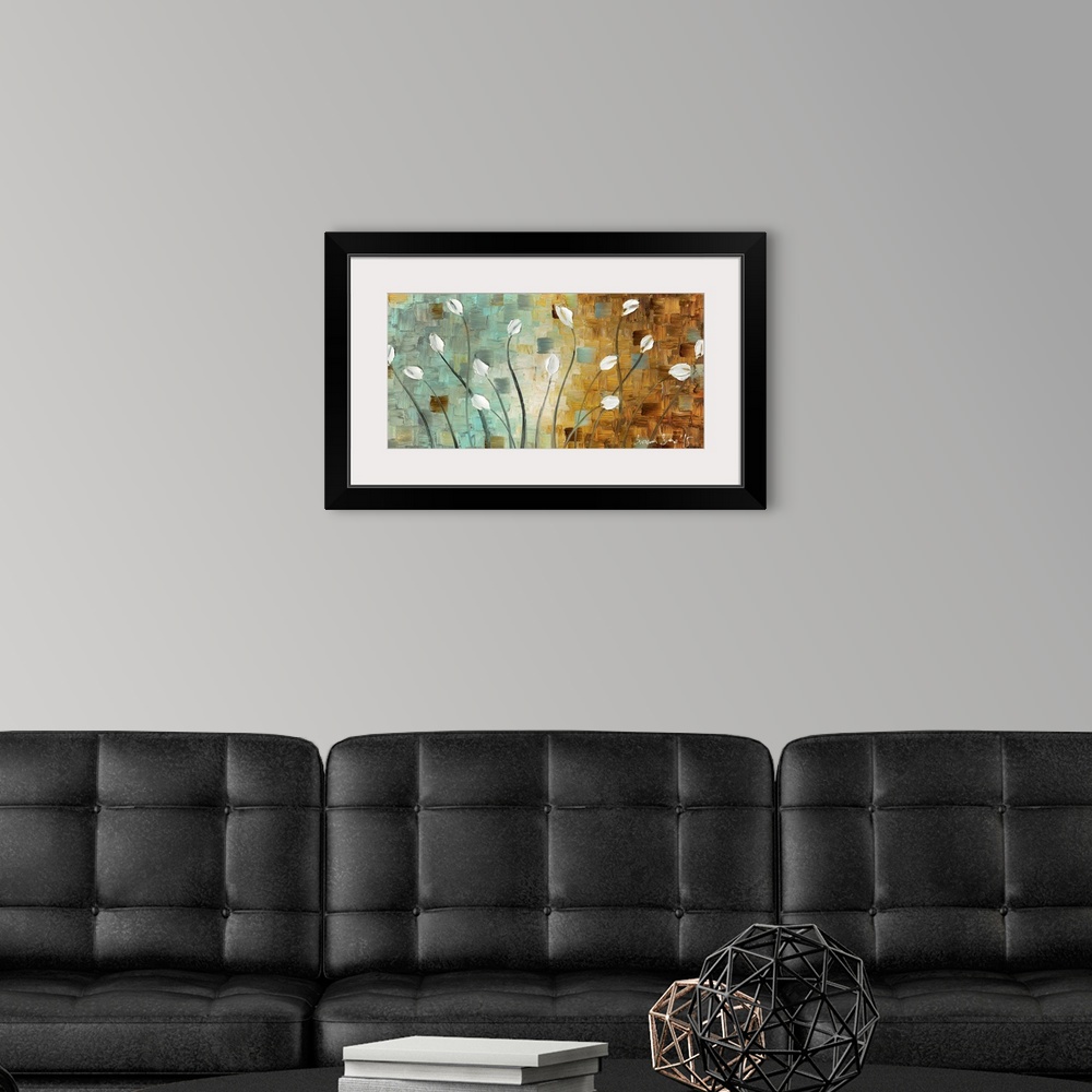 A modern room featuring Contemporary painting of white tulips with long stems on a textured background created with blue,...