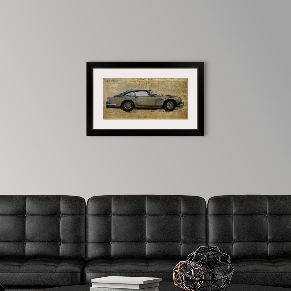 A modern room featuring Contemporary artwork of a vintage race car in profile. On a weathered and rustic background.