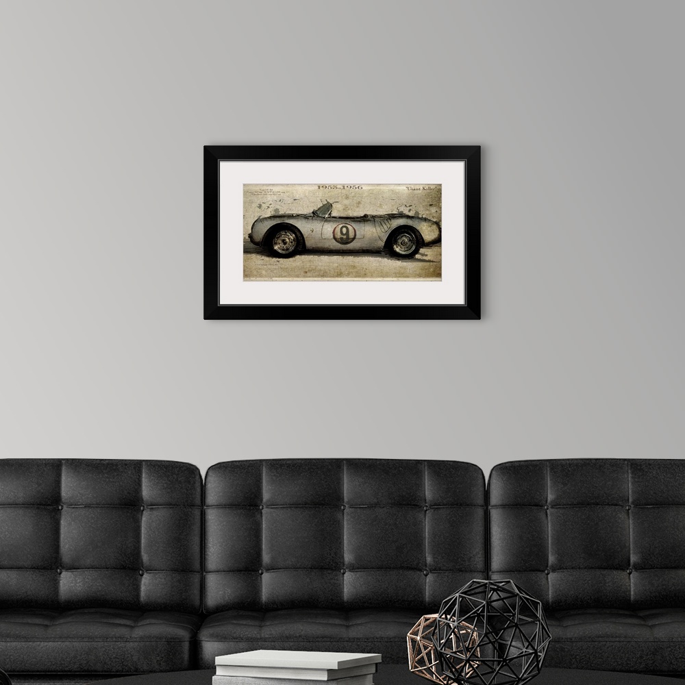 A modern room featuring Contemporary artwork of a vintage race car in profile. On a weathered and rustic background.