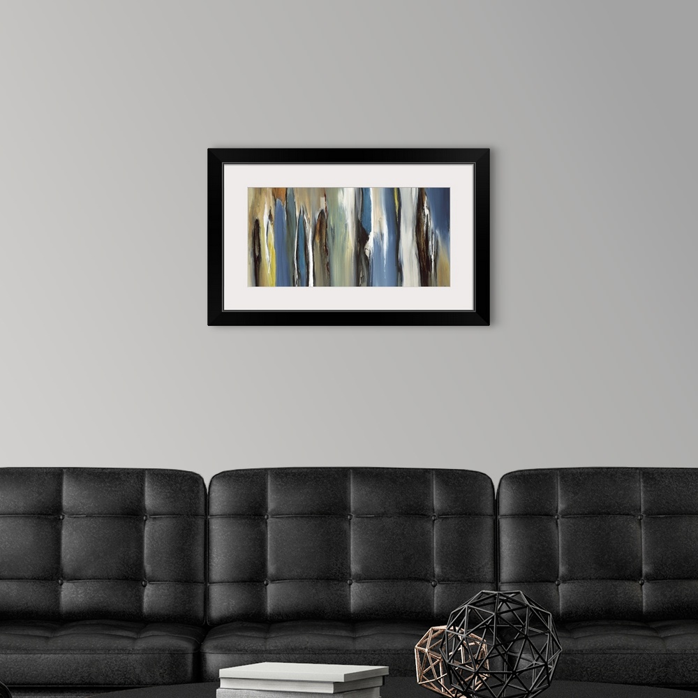 A modern room featuring Abstract painting using dark blues and earthy tones in vertical movements.