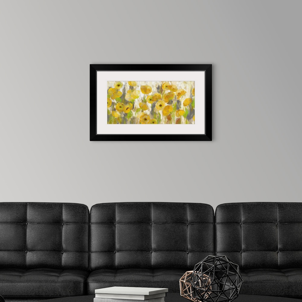 A modern room featuring Contemporary artwork of several golden flowers in a garden.