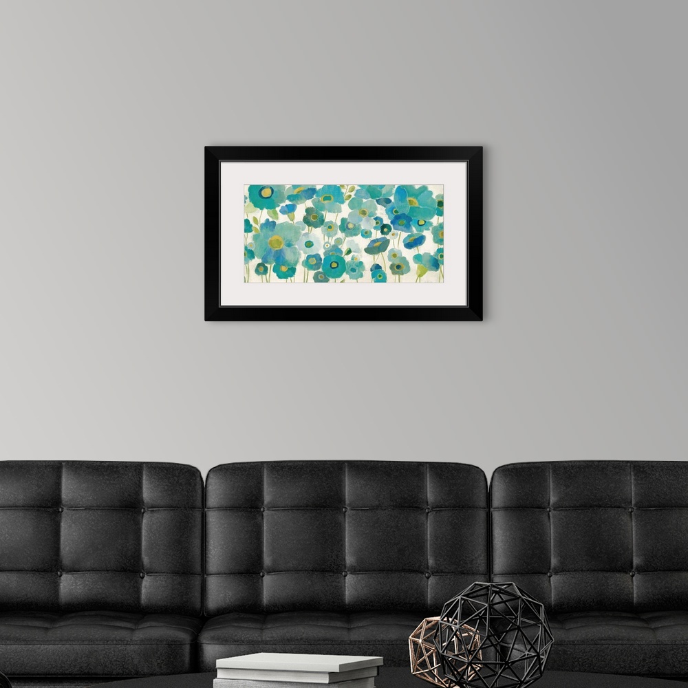 A modern room featuring Contemporary painting of a garden of bright blue flowers.