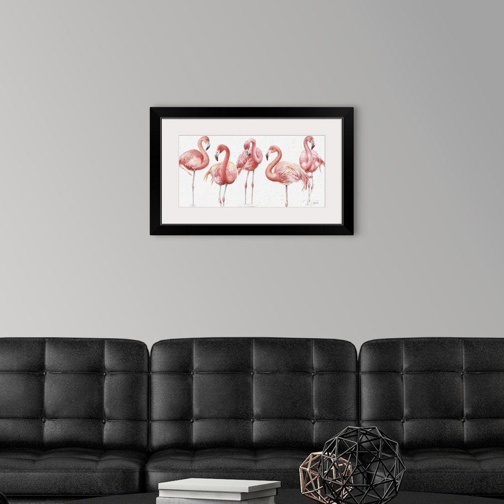 A modern room featuring Horizontal watercolor painting of five pink flamingos standing next to each other with metallic g...