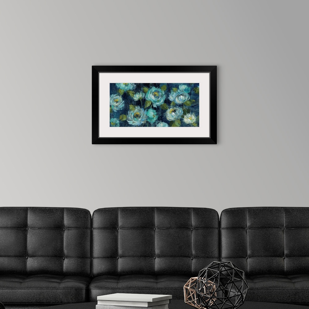 A modern room featuring Contemporary artwork of bright blue flowers against a navy blue background.