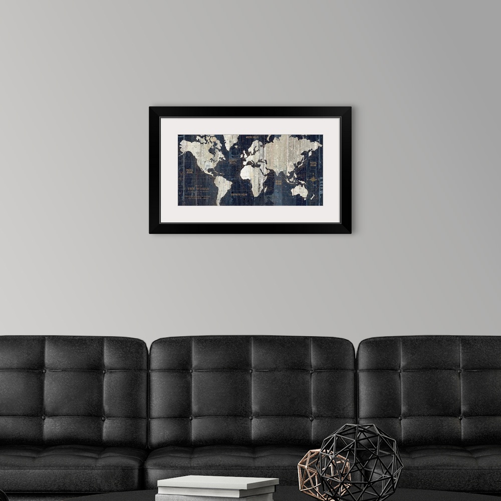 A modern room featuring A decorative map of six contents with labels of islands and shipping lanes in the ocean; this hor...
