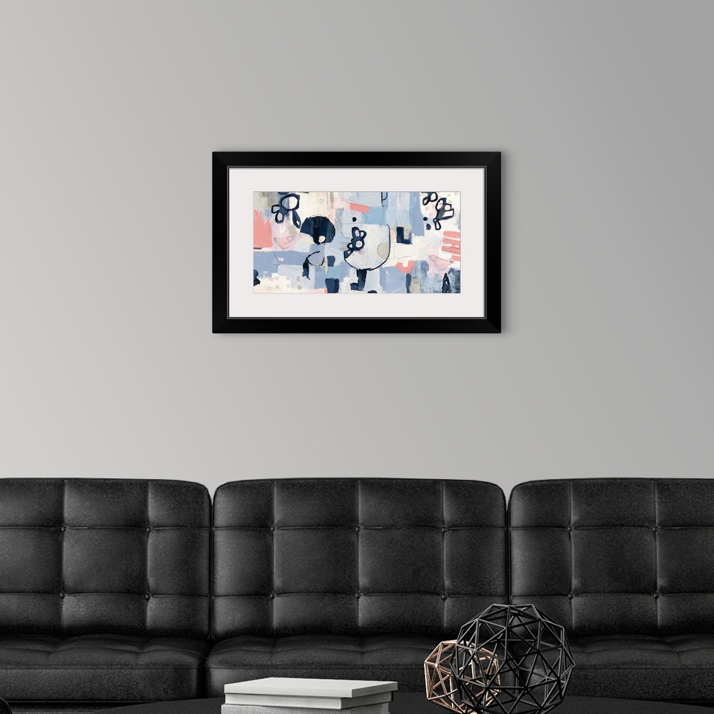 A modern room featuring A large contemporary abstract painting of pastel colors of blue and pink with dark navy accents a...