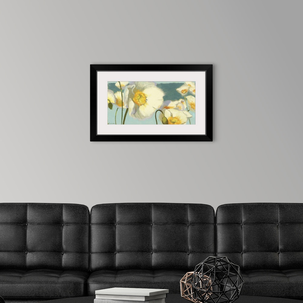 A modern room featuring Horizontal, contemporary painting of large white Iceland flowers with golden centers, extending u...