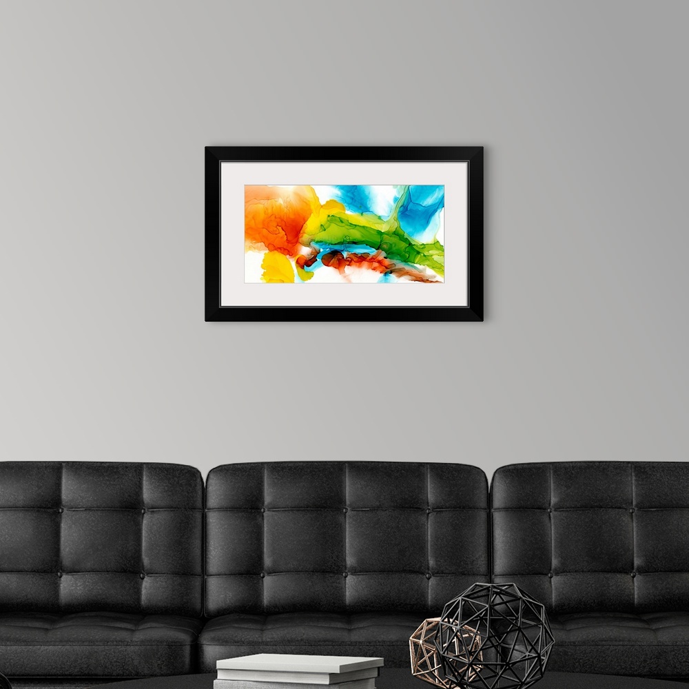 A modern room featuring A punchy, bright, abstract created with an alcohol ink technique. Featuring turquoise, lime and c...