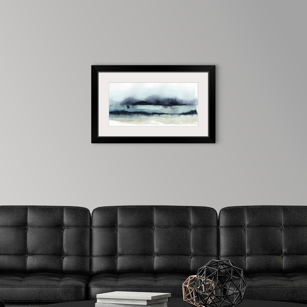 A modern room featuring Abstract artwork in dark navy and pale beige, reminiscent of dark storm clouds over the coast.