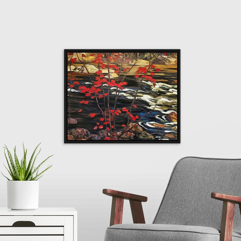 A modern room featuring Painting of brightly colored fall leaves with a river running over rocks and a forest in the dist...