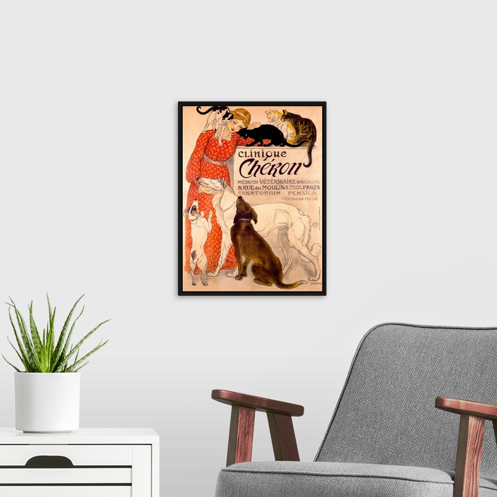 A modern room featuring Old advertising poster.  There is an image of a woman surrounded by cats and dogs that are vying ...