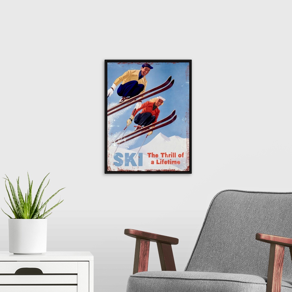 A modern room featuring Ski The Thrill of a Lifetime Vintage Advertising Poster