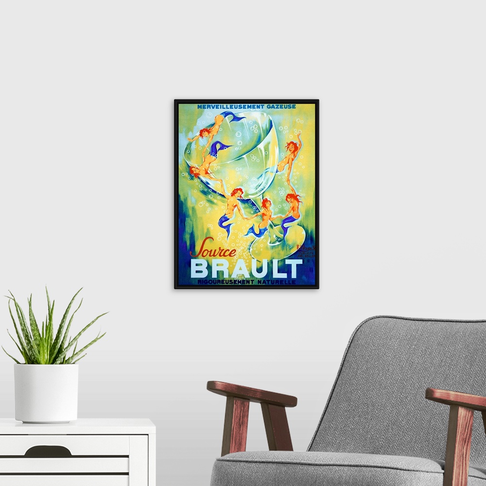 A modern room featuring Large advertising art shows six mermaids swimming around a large drinking glass with bubbles surr...