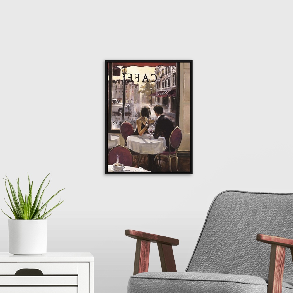 A modern room featuring Contemporary painting of a couple sitting in a cafe and gazing out the window at the world moving...
