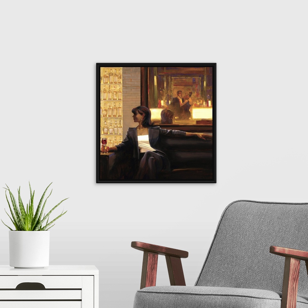 A modern room featuring Contemporary painting of woman sitting on sofa in a lounge holding a drink in her hand.