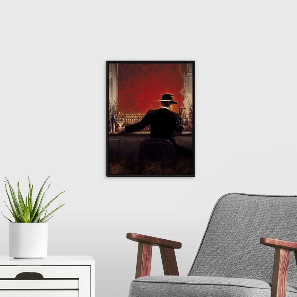 A modern room featuring Contemporary painting of a man in a suit sitting at a bar with a vibrant red wall, with a cigar i...