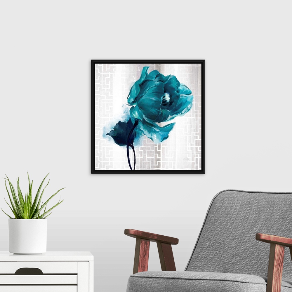 A modern room featuring Contemporary home decor art of  turquoise flower against a silver patterned background.