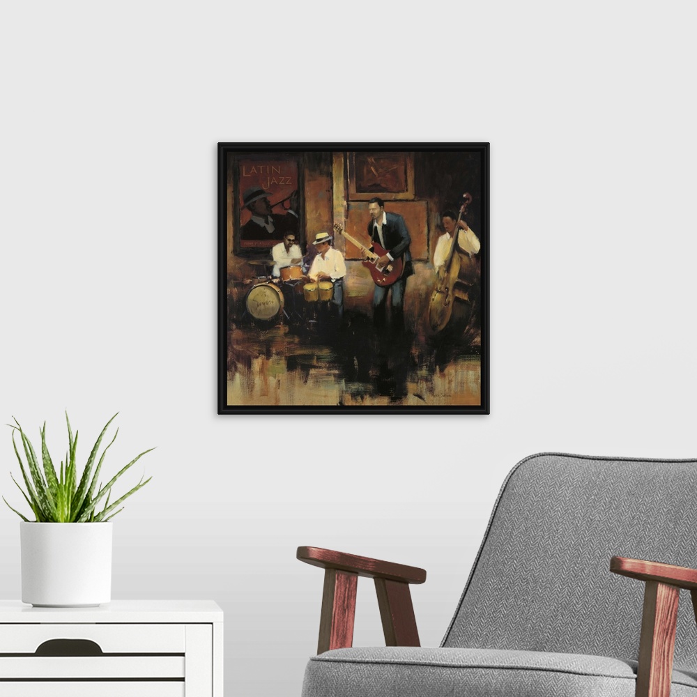 A modern room featuring Contemporary painting of a group of jazz musicians playing the bongos, guitar, bass, and drums.