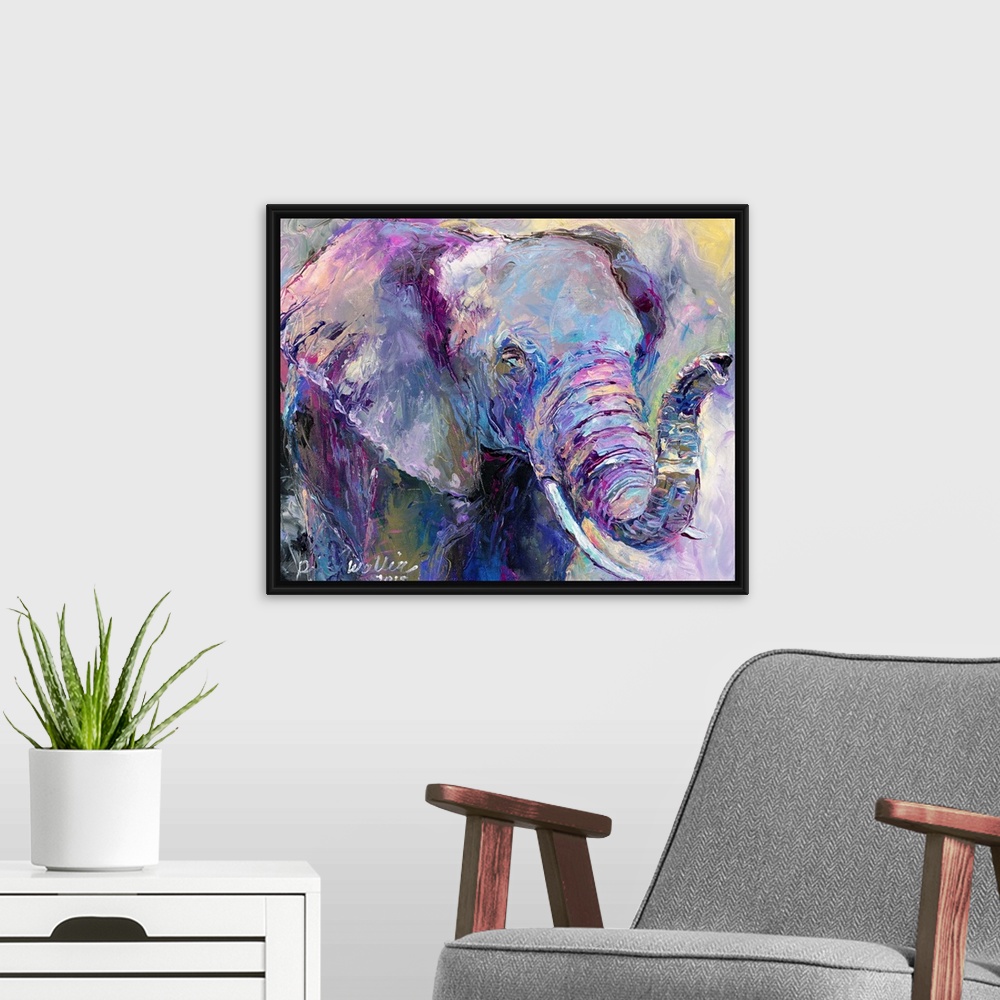 A modern room featuring Abstract painting of an elephant with cool tones.