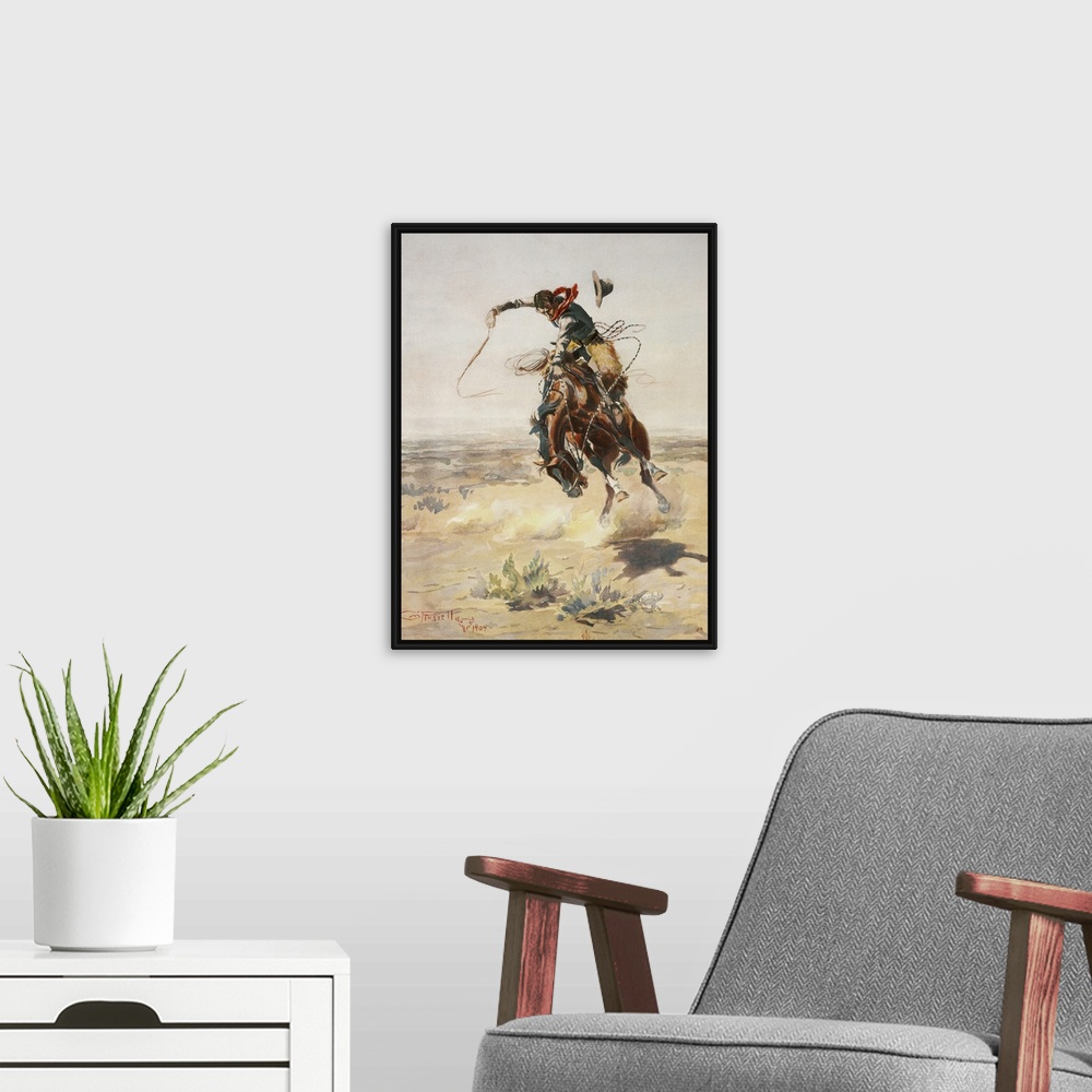 A modern room featuring Vintage illustration of a cowboy riding his horse in a desert landscape.
