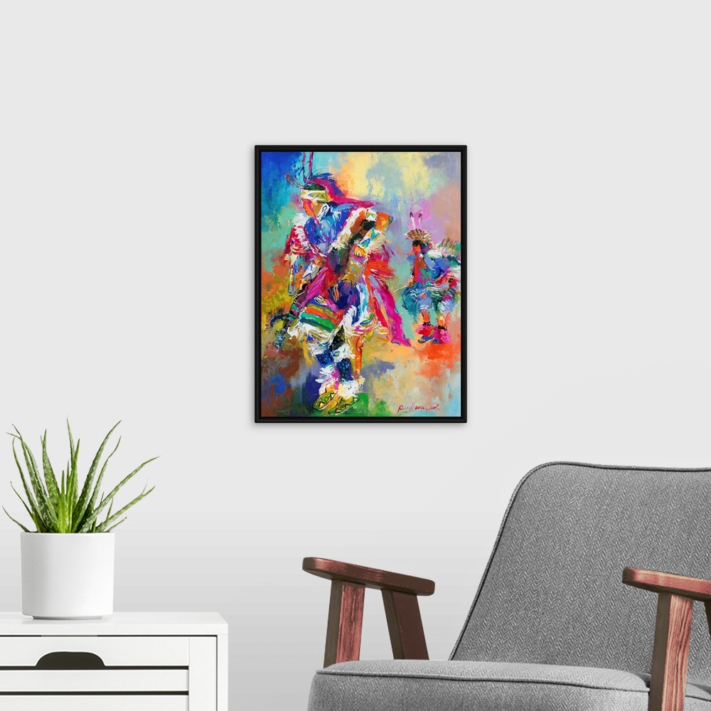 A modern room featuring Colorful abstract painting of two Native American chiefs dancing at a pow wow.