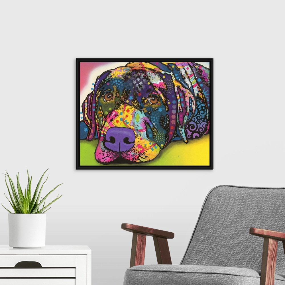 A modern room featuring Colorful painting of a Labrador with graffiti-like designs all over.