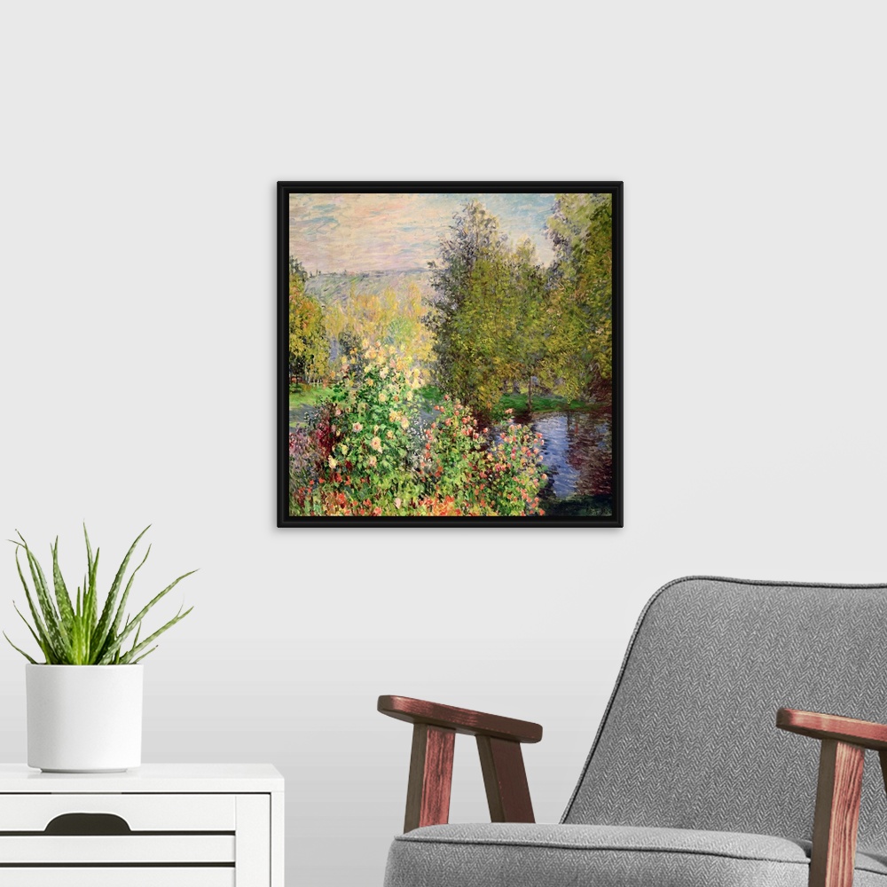 A modern room featuring Oil on canvas of a luscious garden with flowers by a river.