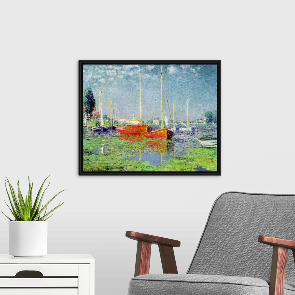 A modern room featuring Oversized, horizontal, classic painting of numerous boats floating in calm waters of blue and gre...