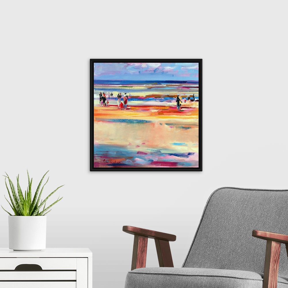 A modern room featuring This contemporary abstract painting shows beach goers strolling up and down the shore of the seas...