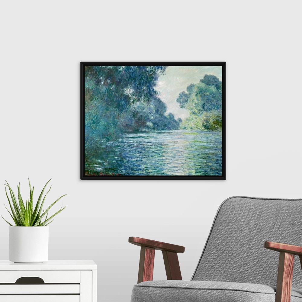 A modern room featuring Oil painting of river with large trees and bushes on both sides that are reflected in the stream ...