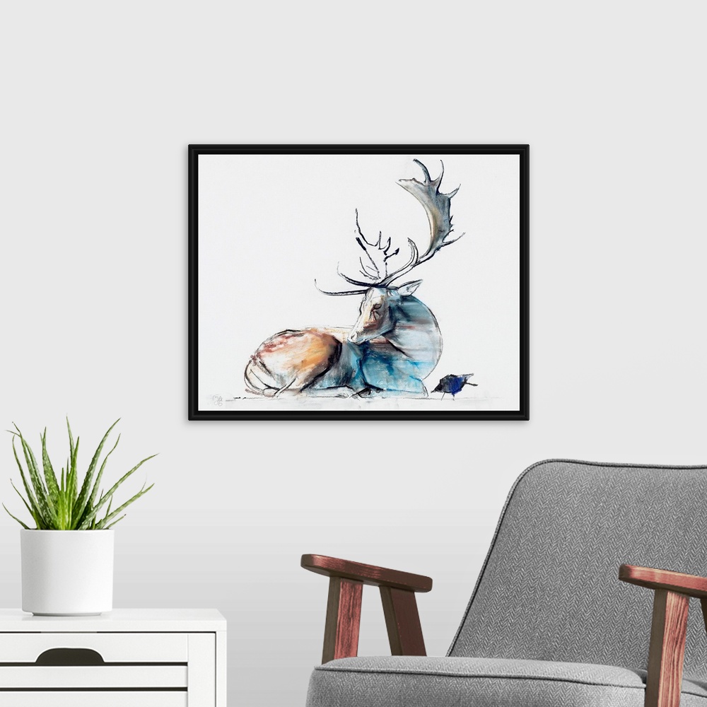 A modern room featuring This large painting consists of a large buck curled up on the ground with a small bird just to th...