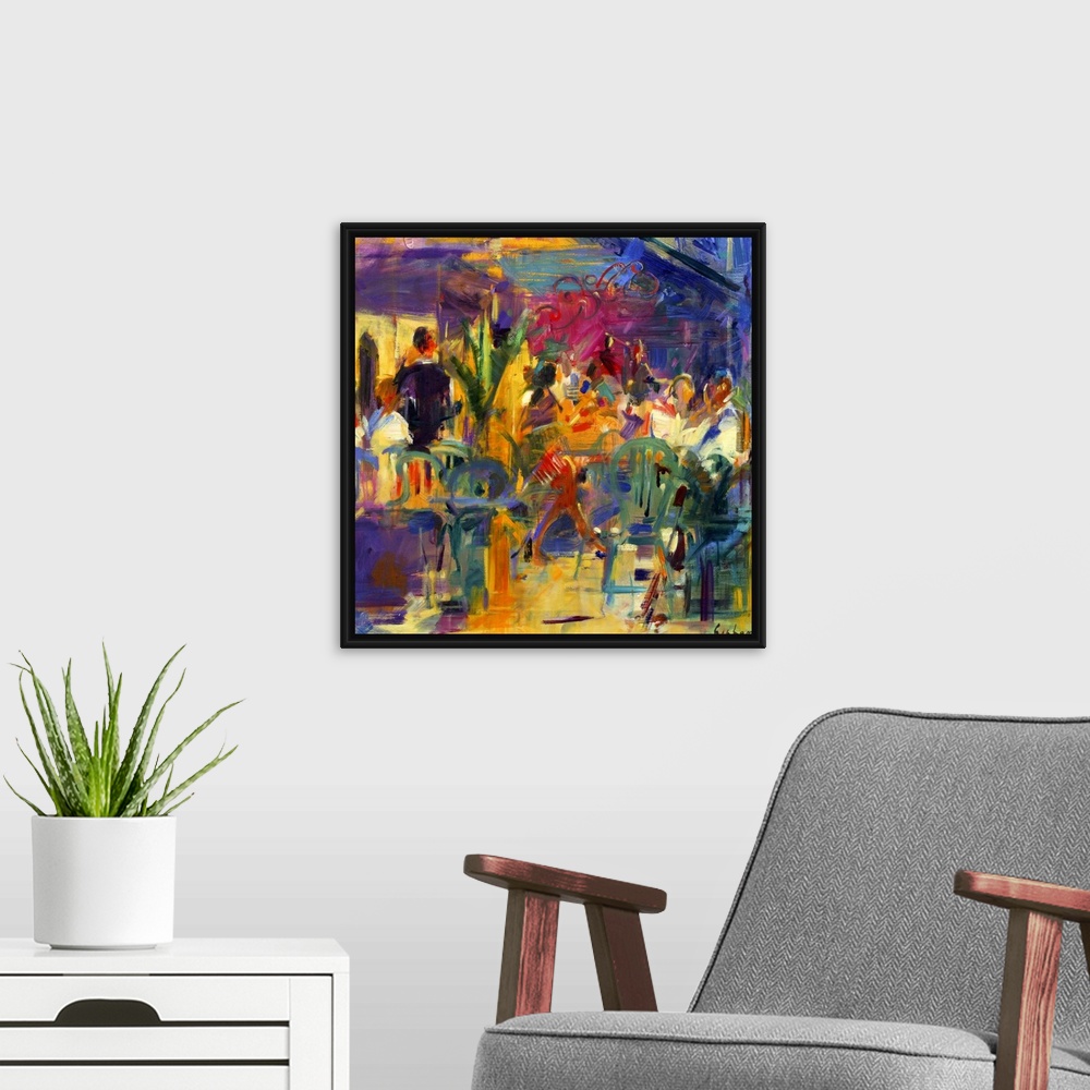 A modern room featuring Colorful contemporary oil painting of busy eatery.
