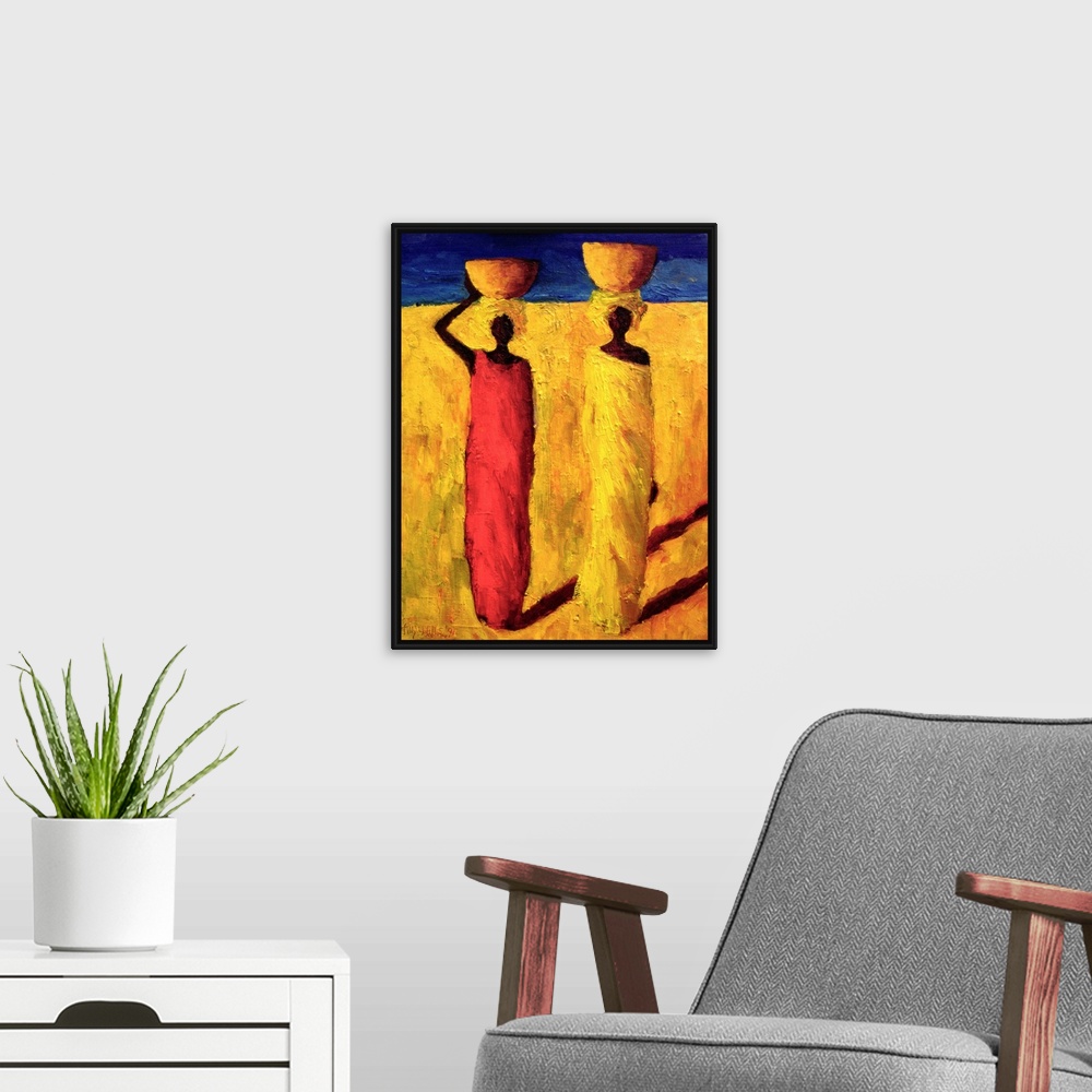 A modern room featuring Contemporary oil painting of two African women walking while balancing bowls on their heads.